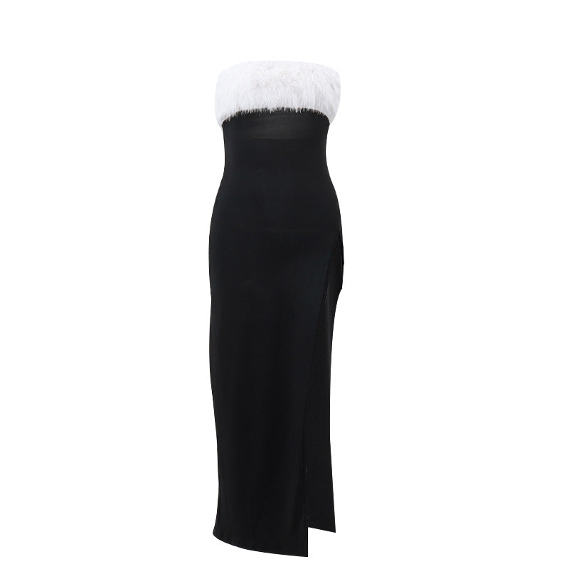 Women winter sexy Off Shoulder Furry Strapless dress 6