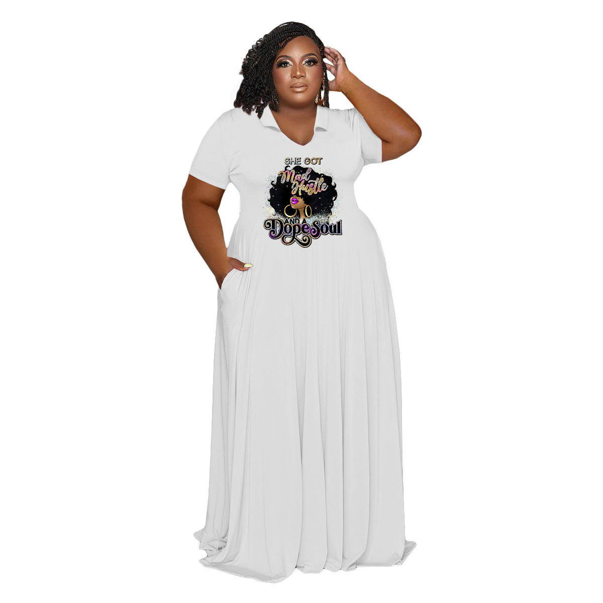 Plus Size Women Casual Turndown Collar Printed Short Sleeve Maxi Dress 8