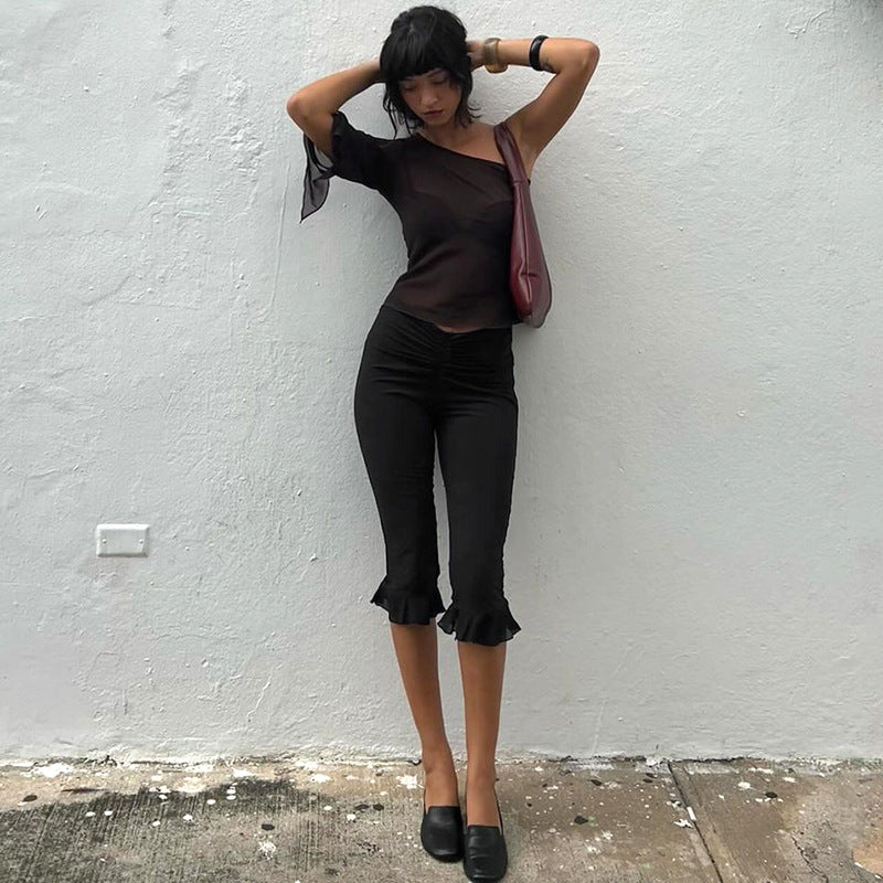 Women's Spring and Summer Ruffled V Waist Solid Color Elastic 7-point Casual Pants 31