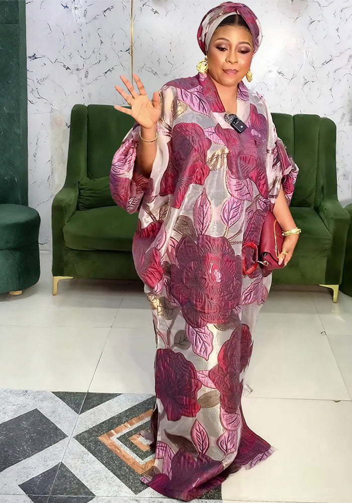 Plus Size Women African Ethnic Printed Robe and Headband Dress
