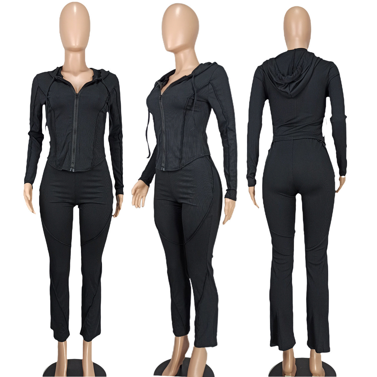 Women's Fashion Casual Ribbed Hooded Two-Piece Pants Set 18