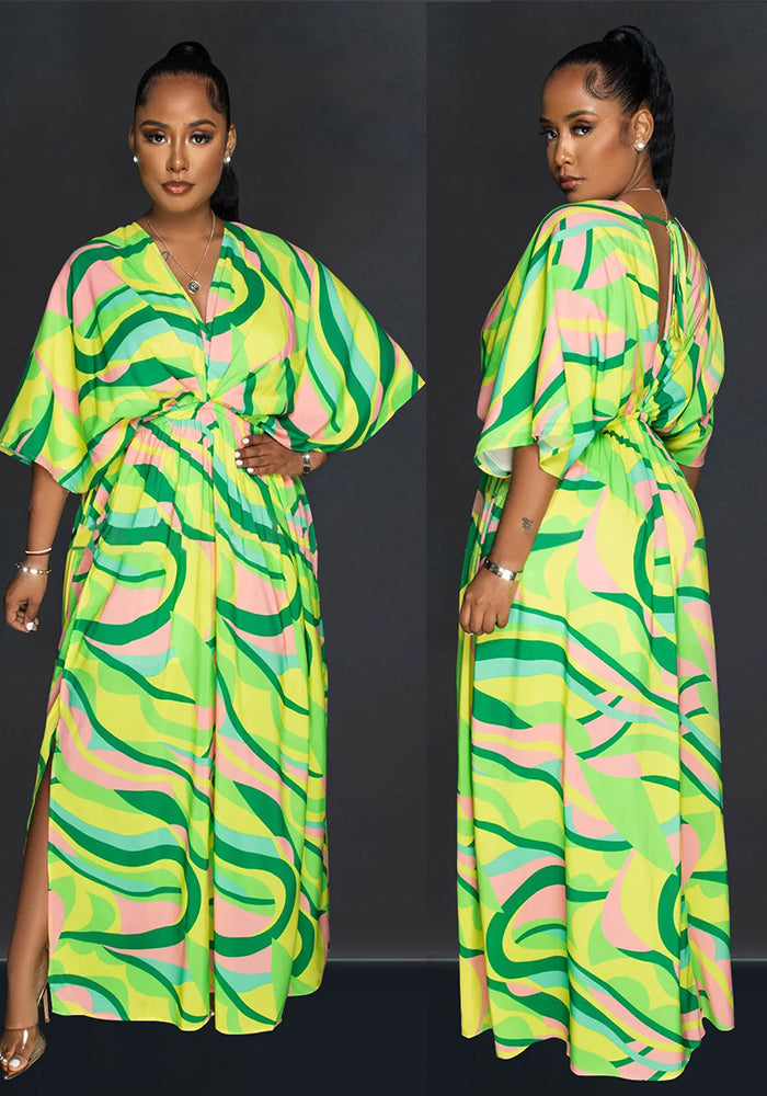 Womens Green Multicolor Vintage Print Double Slit Maxi Dress