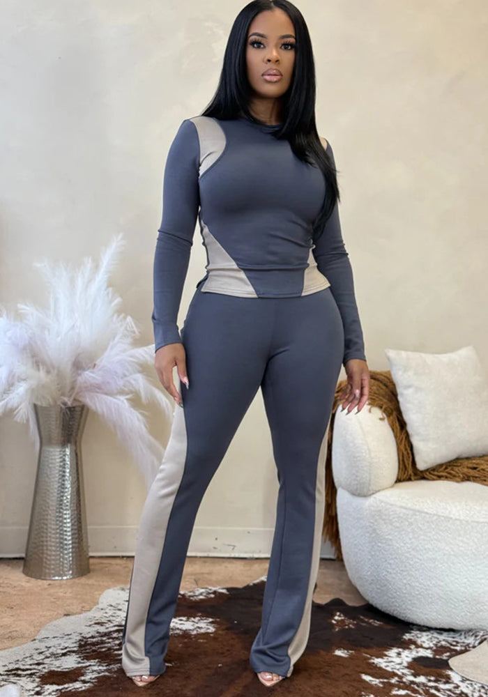 Color Block Sexy Long Sleeve Fashion Two Piece Pants Set for Women