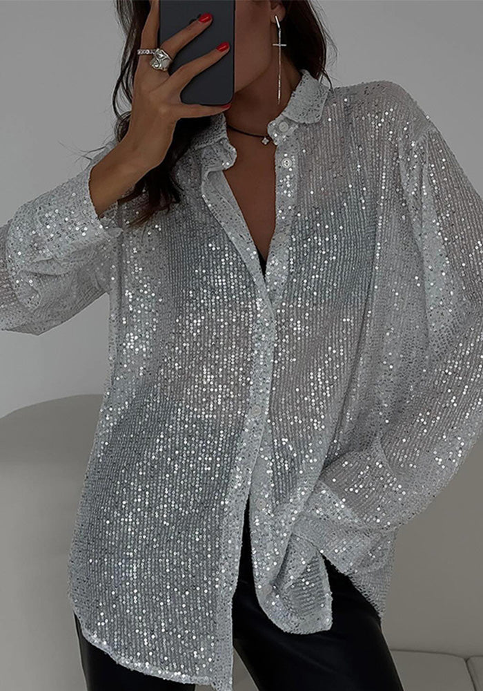 Women Solid Sequin Casual Turndown Collar Loose Long Sleeve Shirt