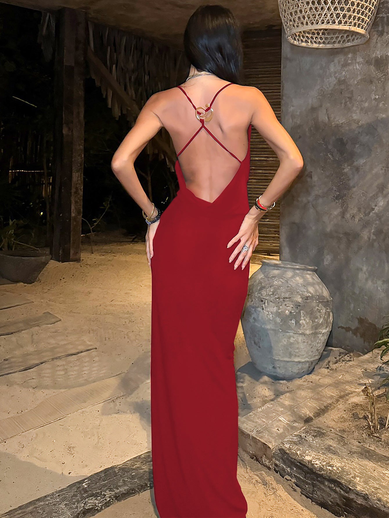 Summer Sexy Deep V-Neck Strap Low Back Long Solid Color Slim Dress 5