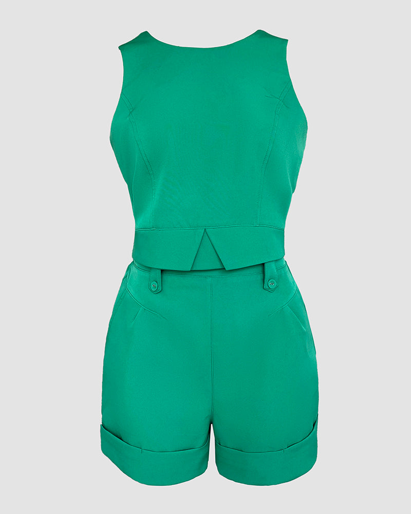 Green Sleeveless Short Vest & Shorts Set 8