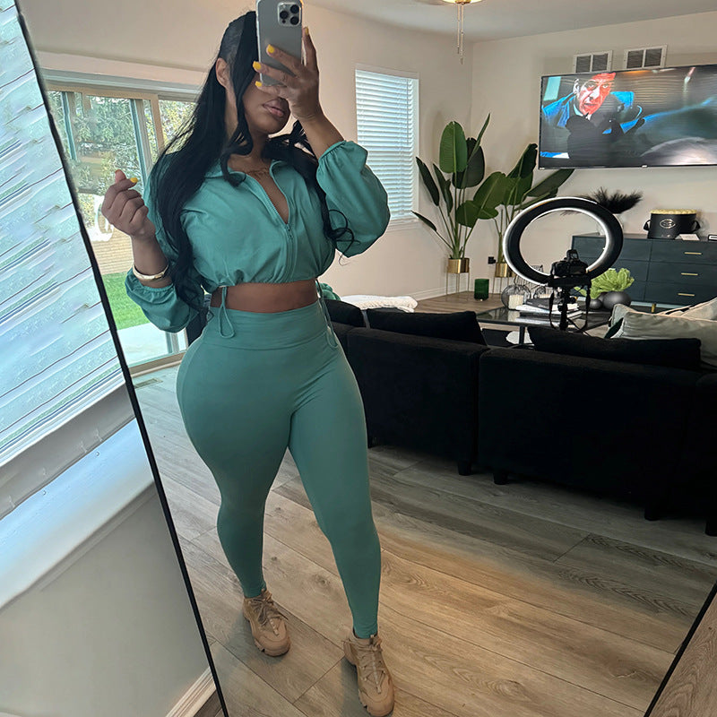 Spring And Autumn Sexy Drawstring Slim Waist Crop Top High Waist Tight Fitting Trousers Two Piece Set 3