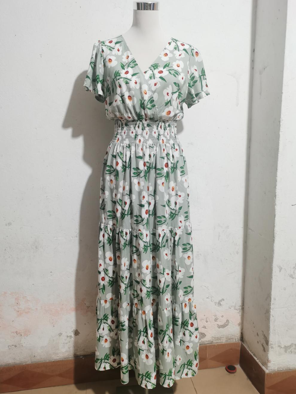 Summer V-Neck Short-Sleeved Print Cotton Dress Women's Fashion Chic Slim Waist Slim Fit Long Dress 9