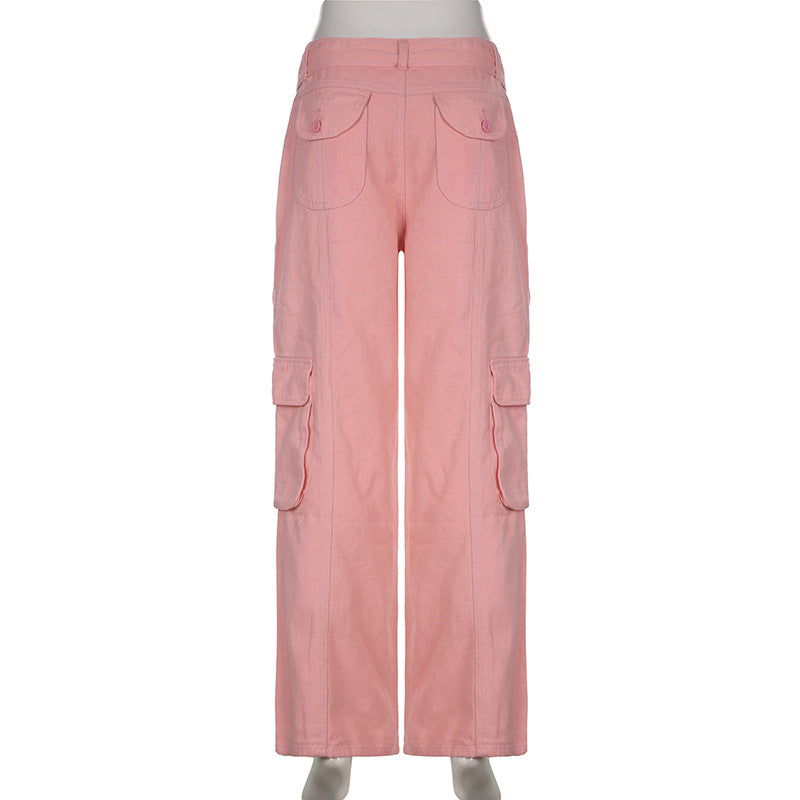 Street Hipster Women Clothing Casual Loose Drawstring Belt High Waist  Grey Wide Leg Denim Cargo Pants 10