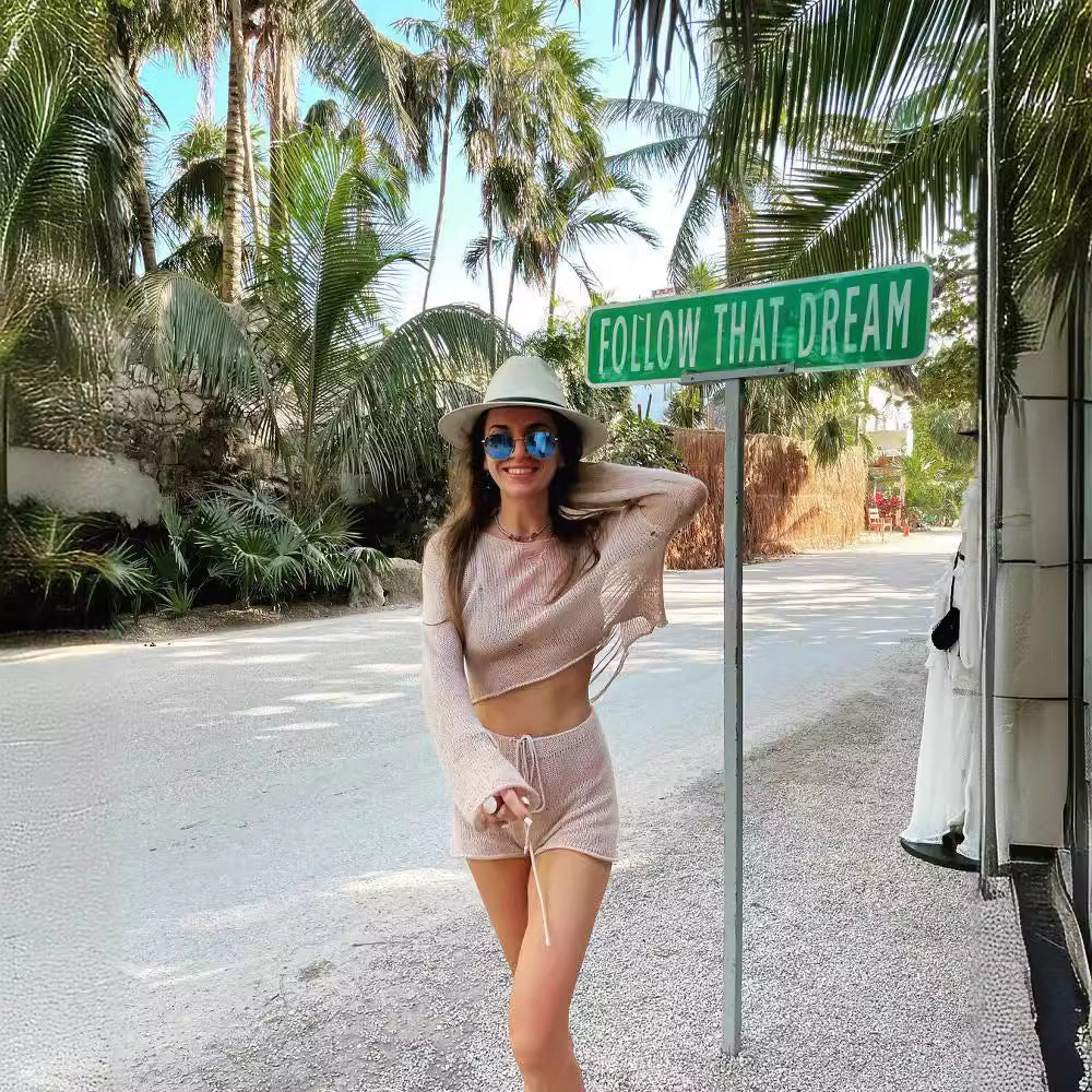 Women Knitting Beach Holidays Top and Shorts Two-piece Set 6