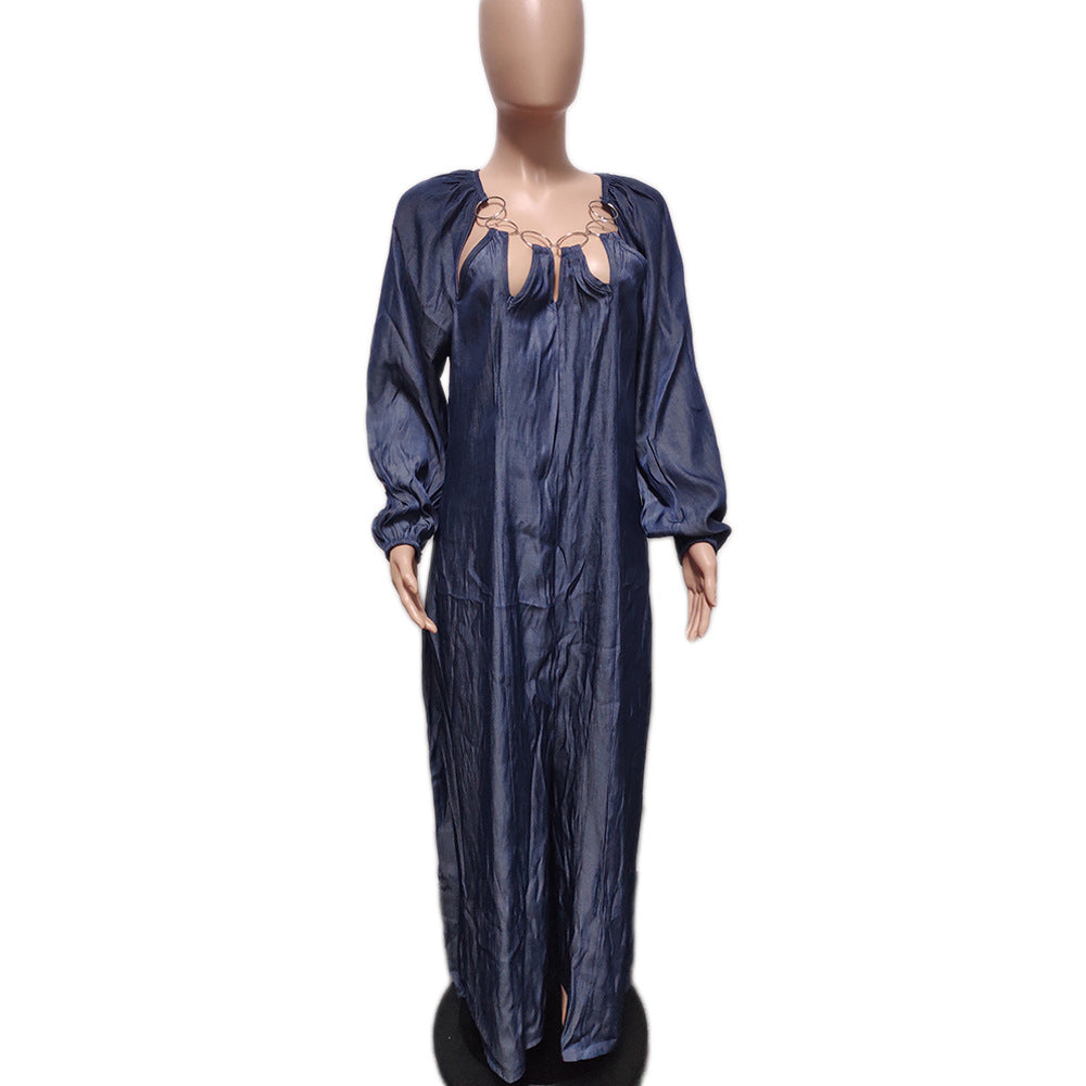 Women Metal Ring Collar Long Sleeve Wide Leg Loose Jumpsuit 8