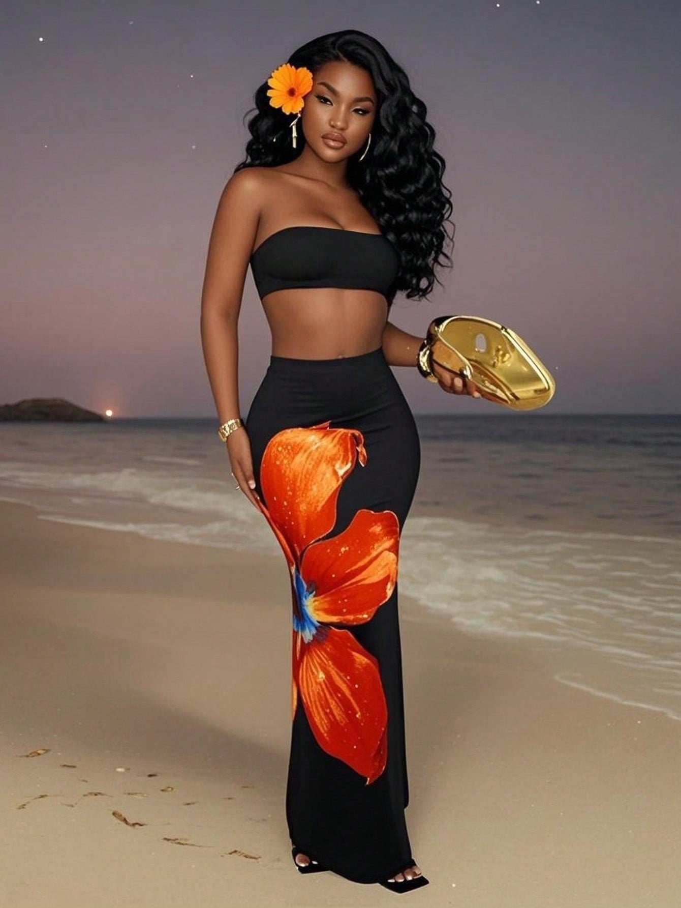 Women Casual Floral Print Sexy Strapless Top and Skirt Two-Piece Set