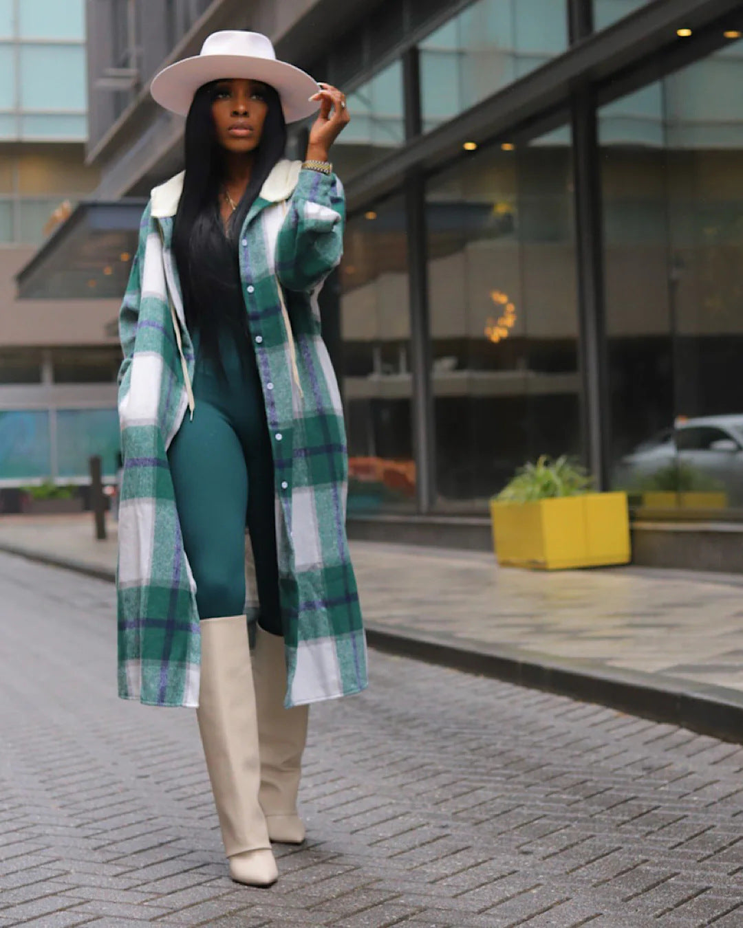 Women Casual Plaid Button Jacket with Hood 3