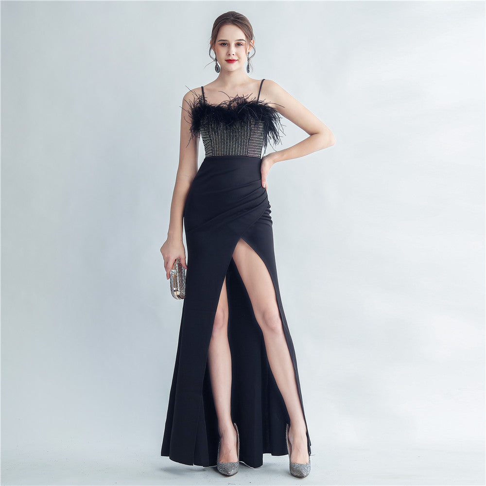 Feather Beaded straps Side Slit formal party Evening Dress 10