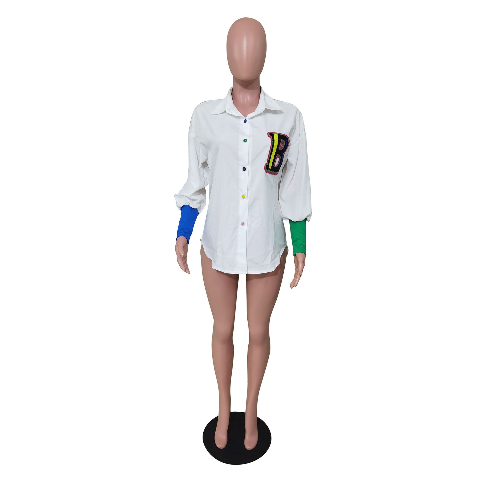 Women's Fashion Casual Patchwork Long Sleeve Multi-Color Button Letter Blouse 10