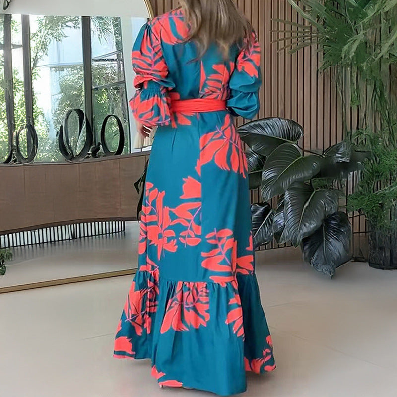 Women button V neck elegant print lace dress 3