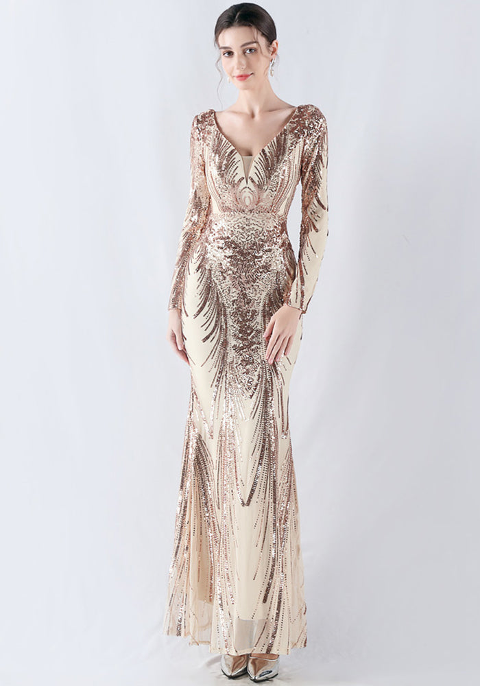 Women Positioning Flower Beaded Long Sleeve Evening Dress