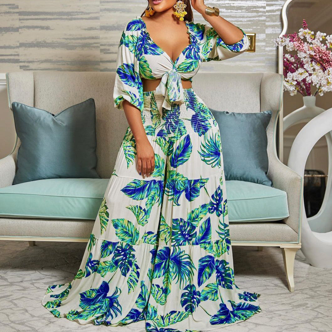 Women Printed V-neck Lace-Up Top + Wide Leg Pants Two-Piece Set 5