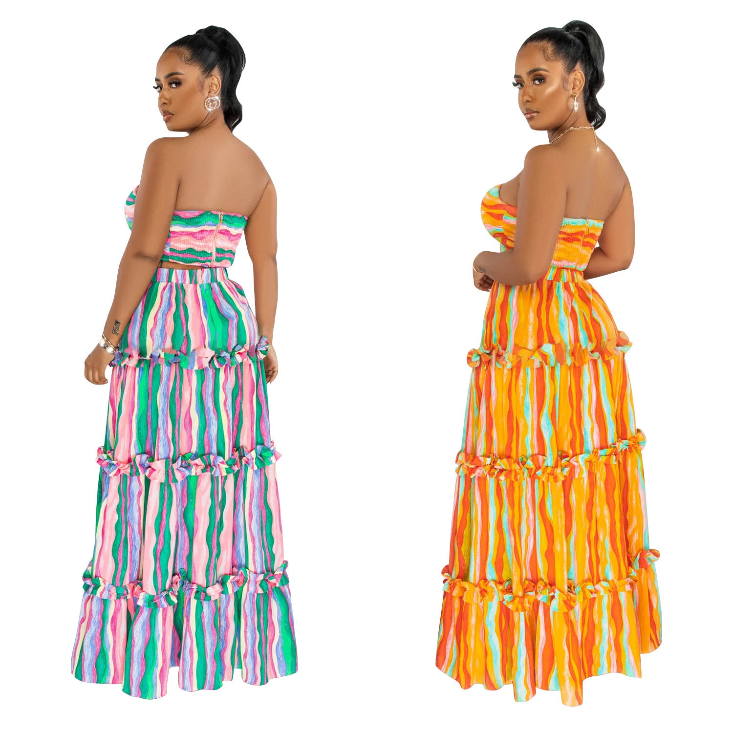 Ladies Fashion Striped Print Strapless Top Long Skirt Two-Piece Set 9