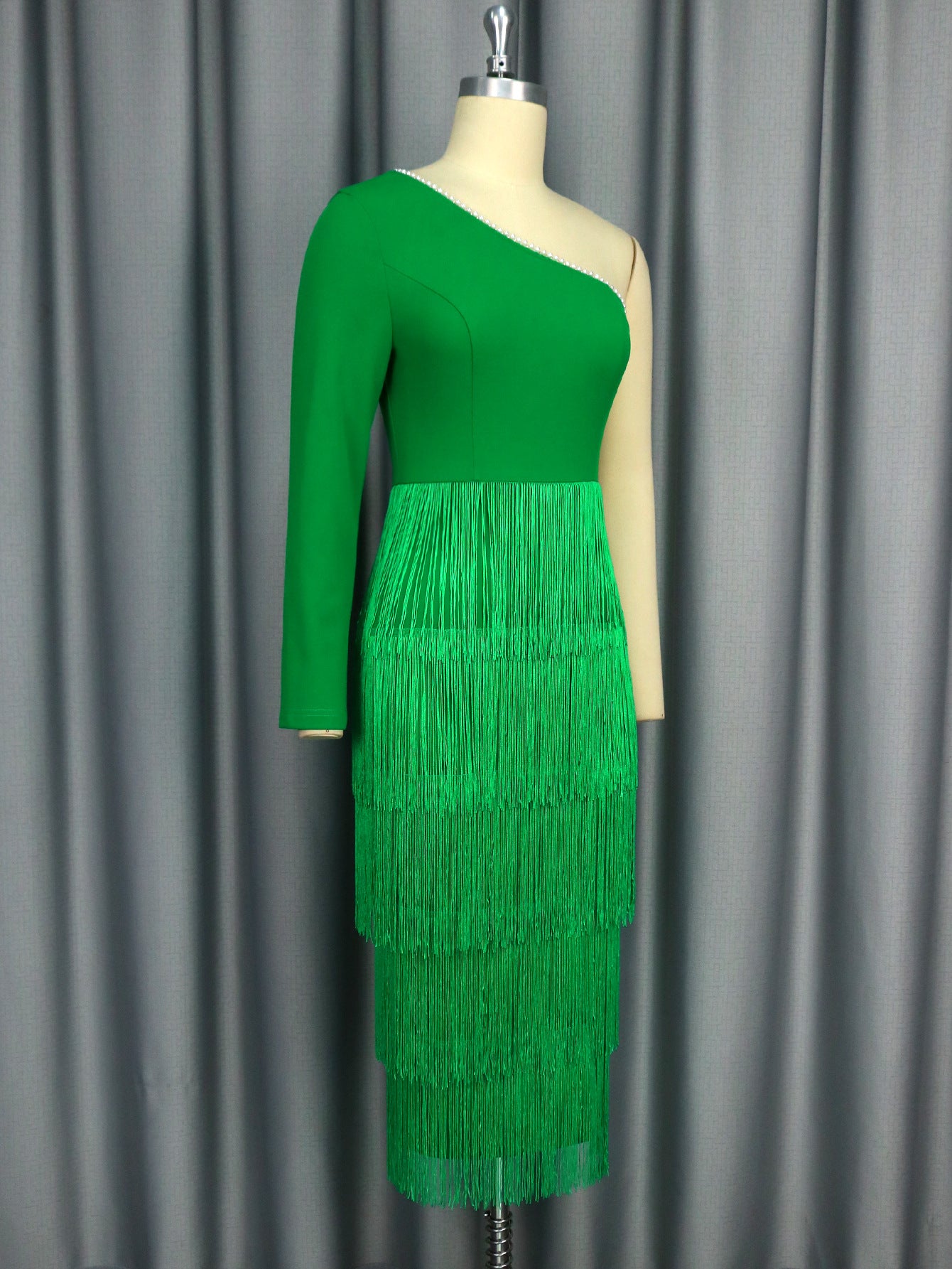 Sexy One-Shoulder Long-Sleeved High-Waist Slim Tassel Formal Party Evening Dress 6