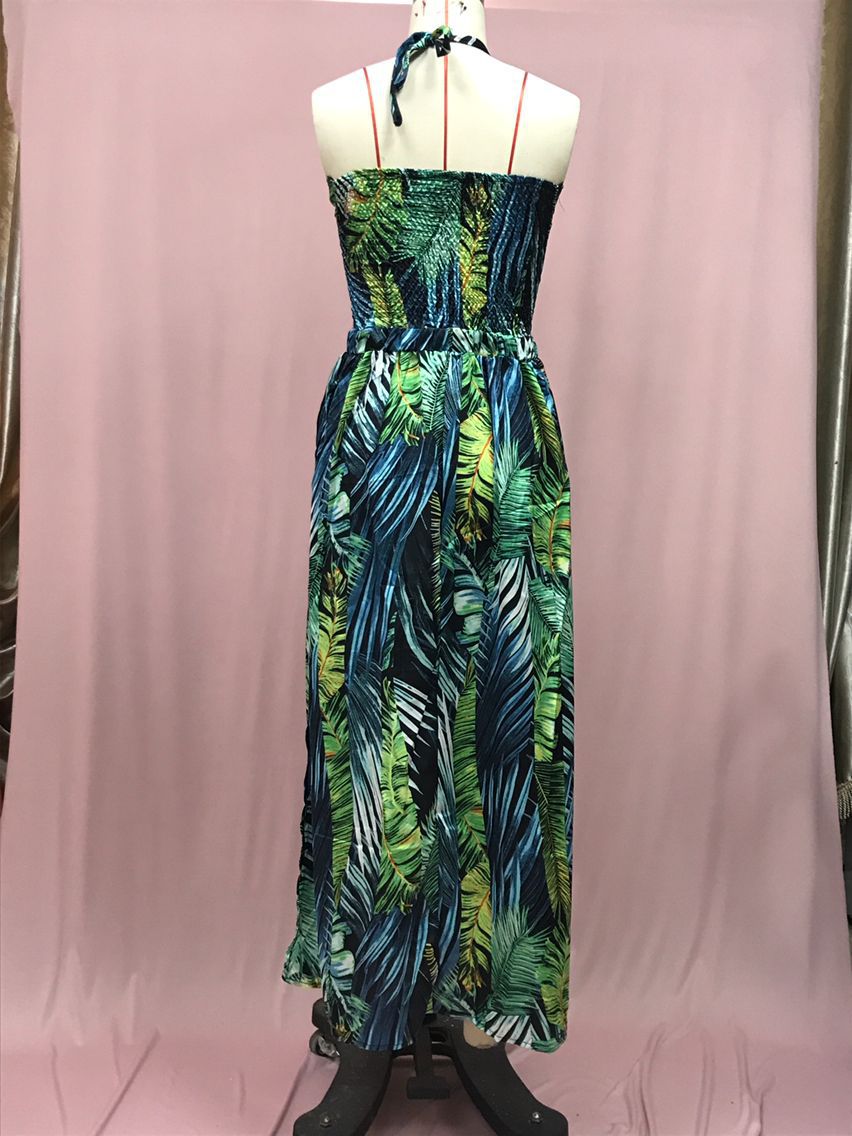 Women's Fashionable Sexy Halter Lace-Up Print Long Dress 7