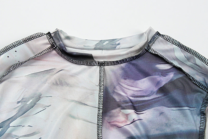 Women's Fall Sexy Round Neck Print Crop Top Tight Fitting Butt Lift Long Pants Set 12