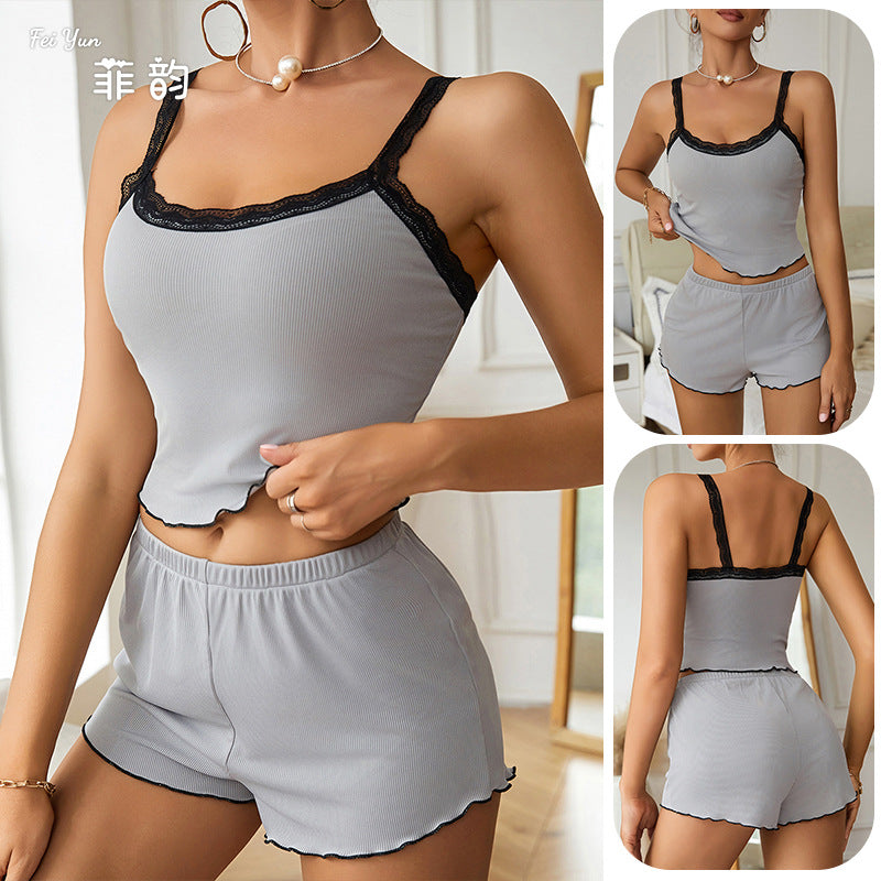 Fashionable Contrasting Sexy Straps Two Piece Shorts Set Women's Home Wear Pajamas 4