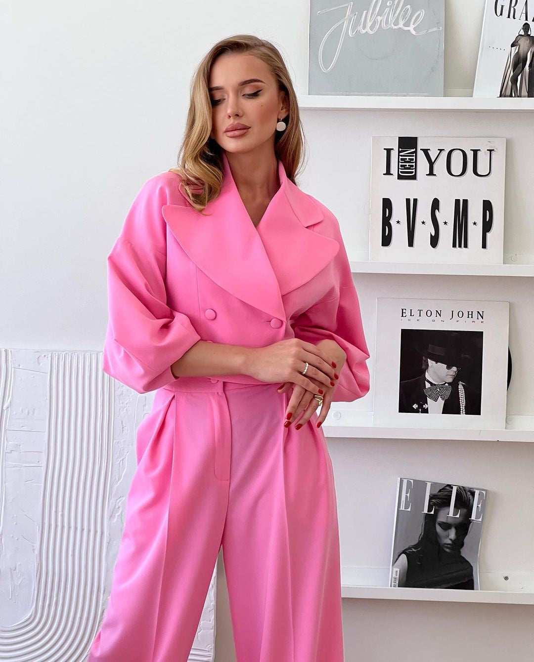 Autumn Long Solid Color Turndown Collar Slim Waist Slim Fit Two Piece Blazer Pants Set Chic Career Suit 10