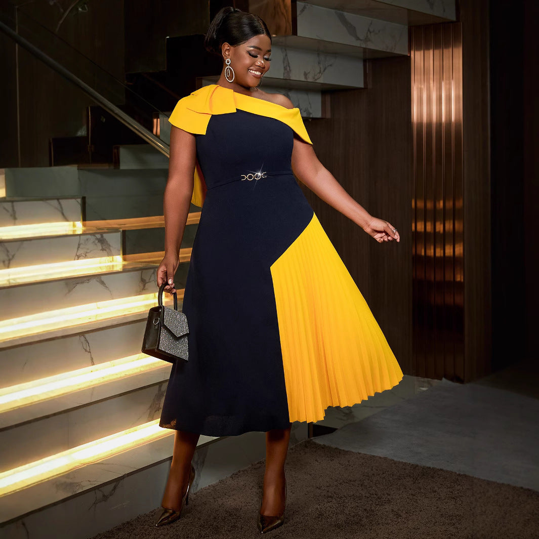 Women Style One Shoulder Collar Contrast Patchwork Party Dresses 4