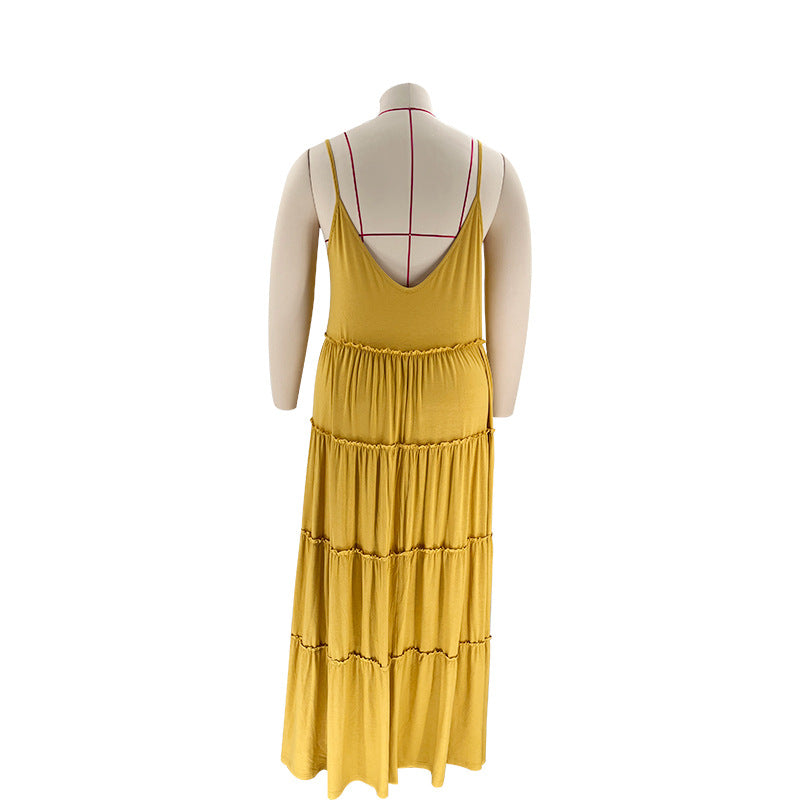 Summer Plus Size Women's Solid Color Sexy Camisole Pleated Patchwork Fashion Casual Dress 33