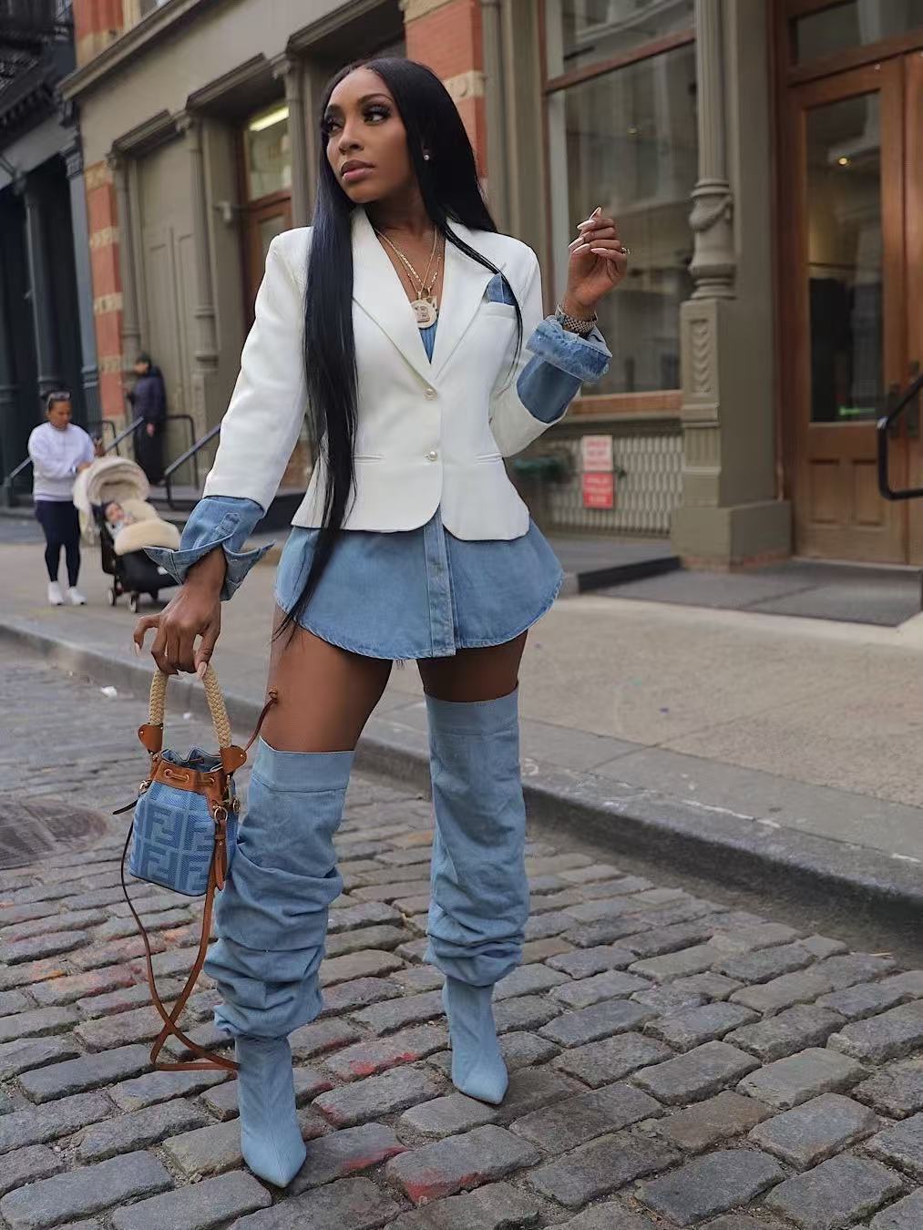 Women Casual Patchwork Denim Blazer Jacket 7