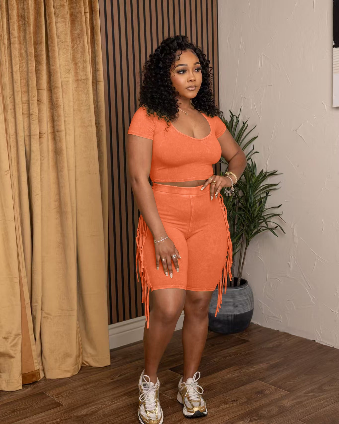 Fashionable Women's Solid Color Short Sleeve Tassel Elastic Shorts Set 5