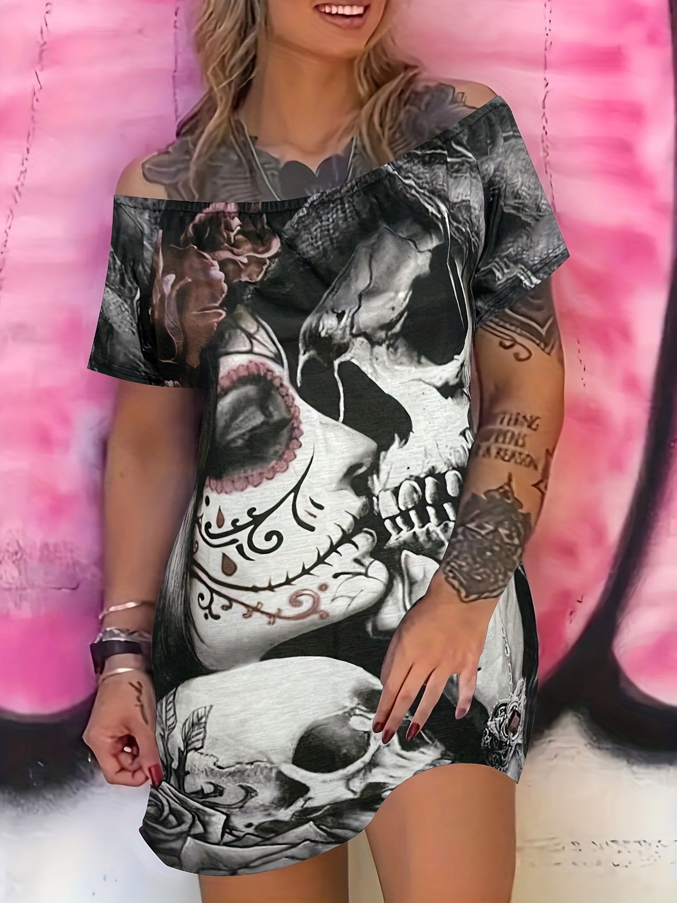 Women Sexy Slash Shoulder Skull Print Short Sleeve Dress 4