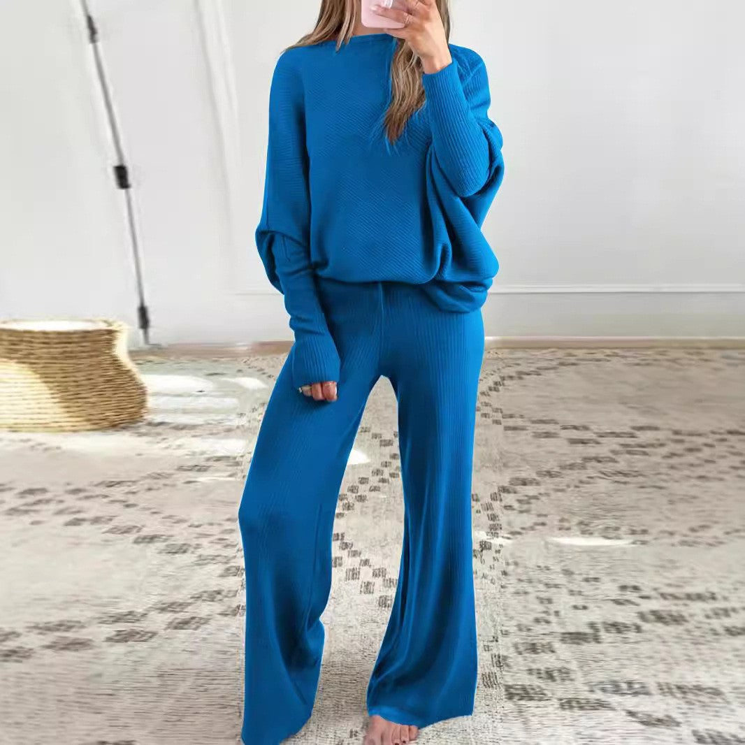 Women's Autumn Winter Solid Color Slash Shoulder Sweater Top Fashion Casual Pants Two Piece Set 5