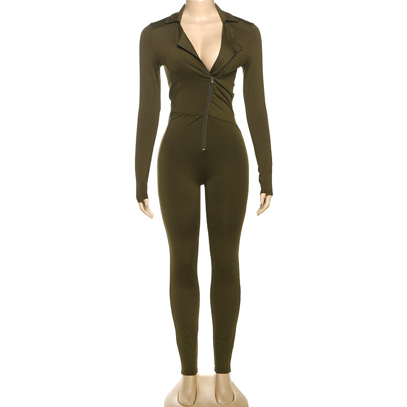 Spring Women's Sexy Tight Fitting V-Neck Long Sleeve Sports Casual Solid Color Jumpsuit 11