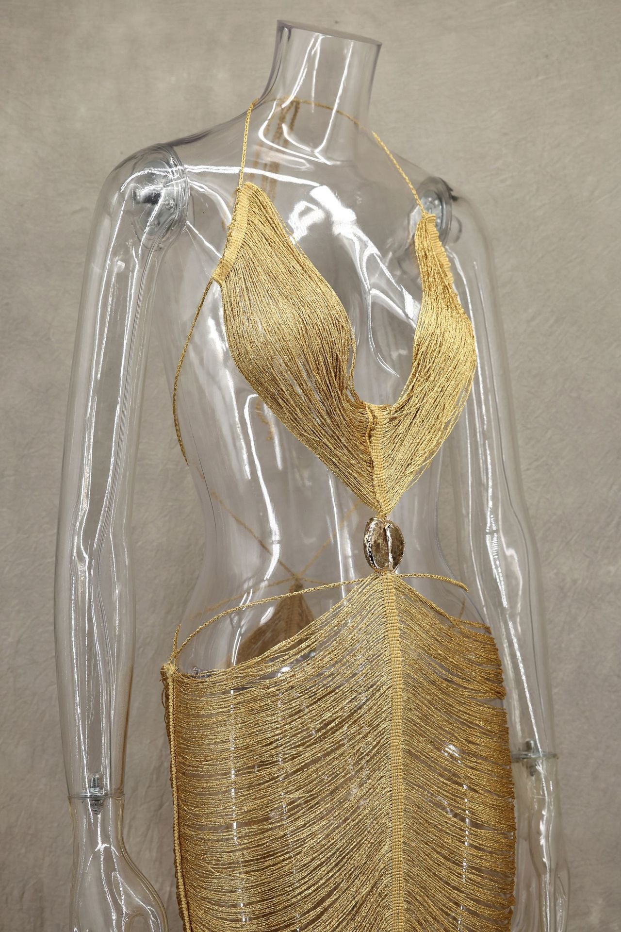 Spring Summer Fashion Shell Tassel Halter Neck Lace Up Sexy Slimming Adjustable Long Dress 10