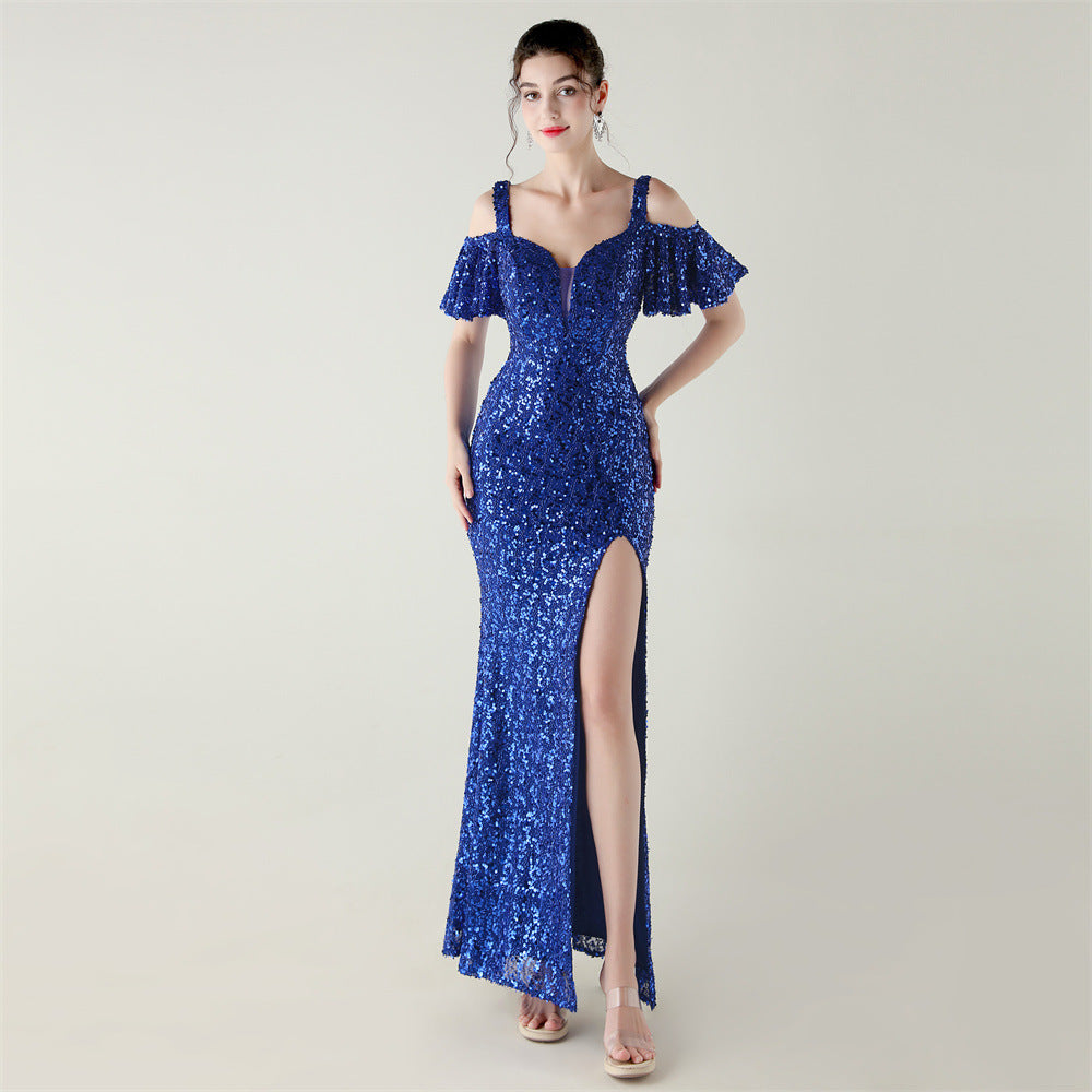 Women sequined sequined  short-sleeved off-shoulder V neck split fishtail Formal Party evening dress 12