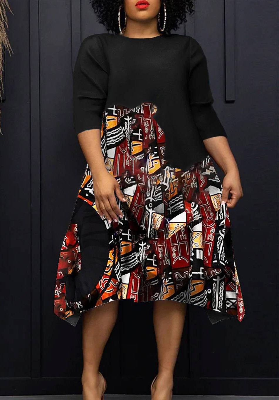 Women Round Neck Casual Contrast Print Dress