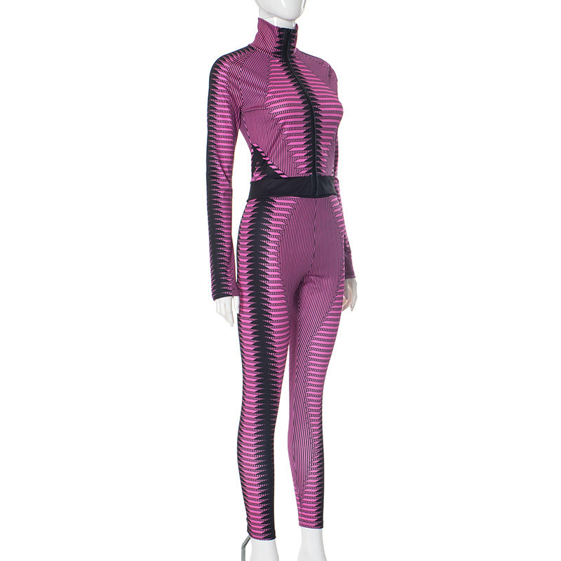 Women's autumn and winter contrast stripe print Stand Collar zipper top trousers yoga suit 5