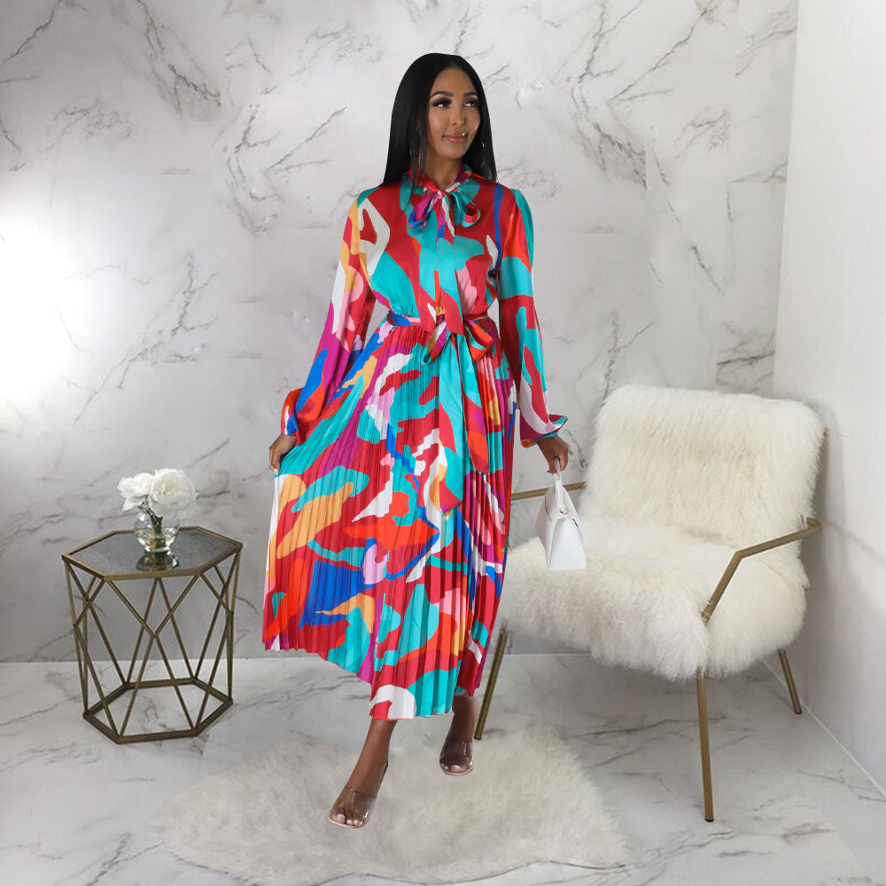 Women's Tie Long Sleeve Printed Pleated Dress 51