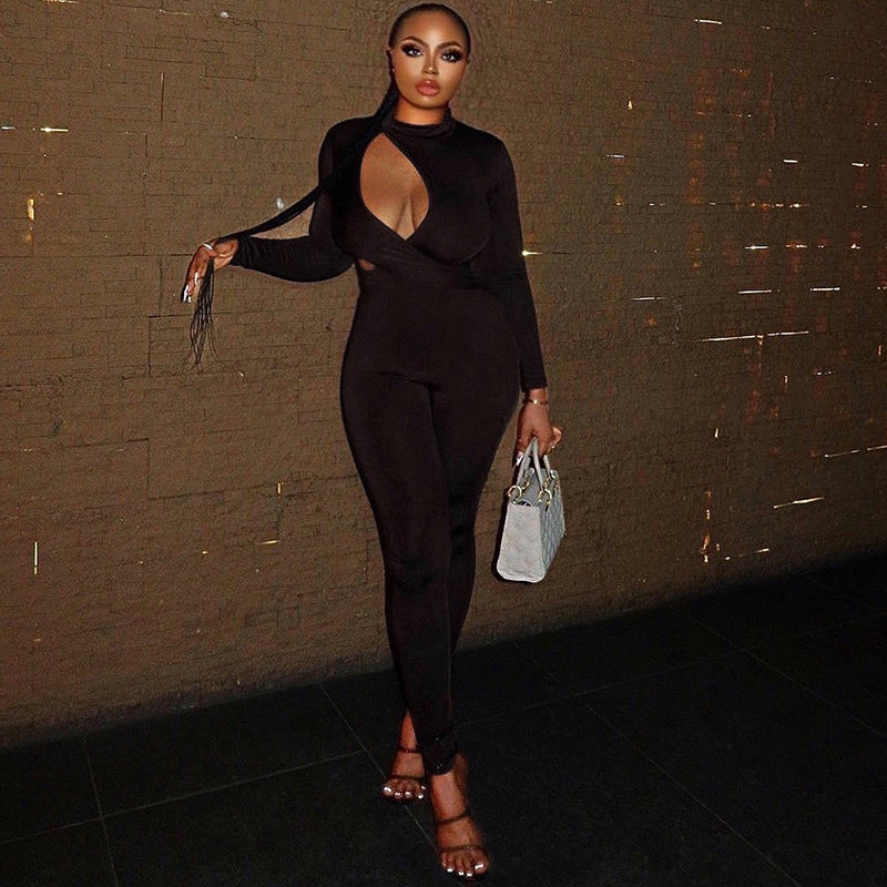 fashionable women's clothing solid color long sleeve hollow Tight Fitting jumpsuit 3