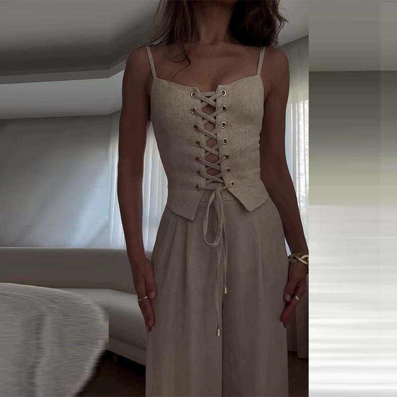 Summer Sexy Hollow Lace-Up Top Wide-Leg Pants Casual Two Piece Set