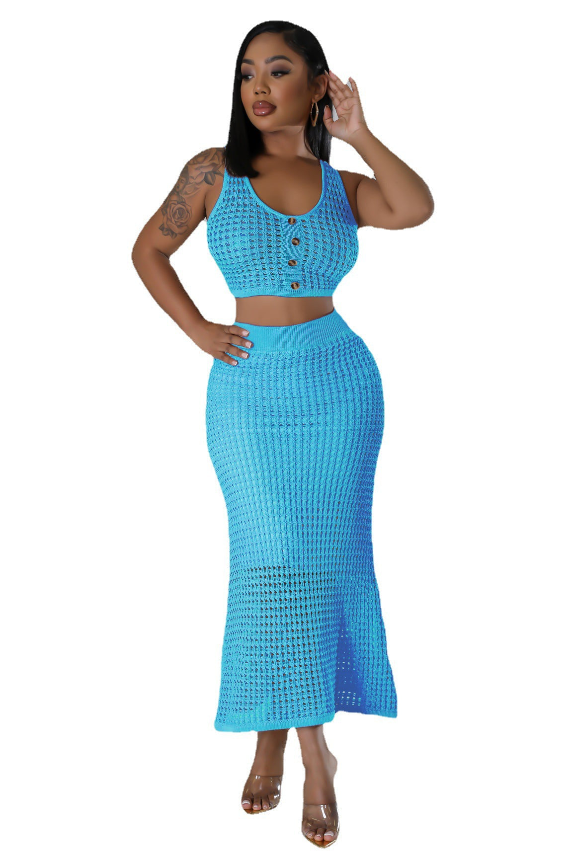 Women tassel fishnet knitting Casual Top and Skirt two-piece set 11