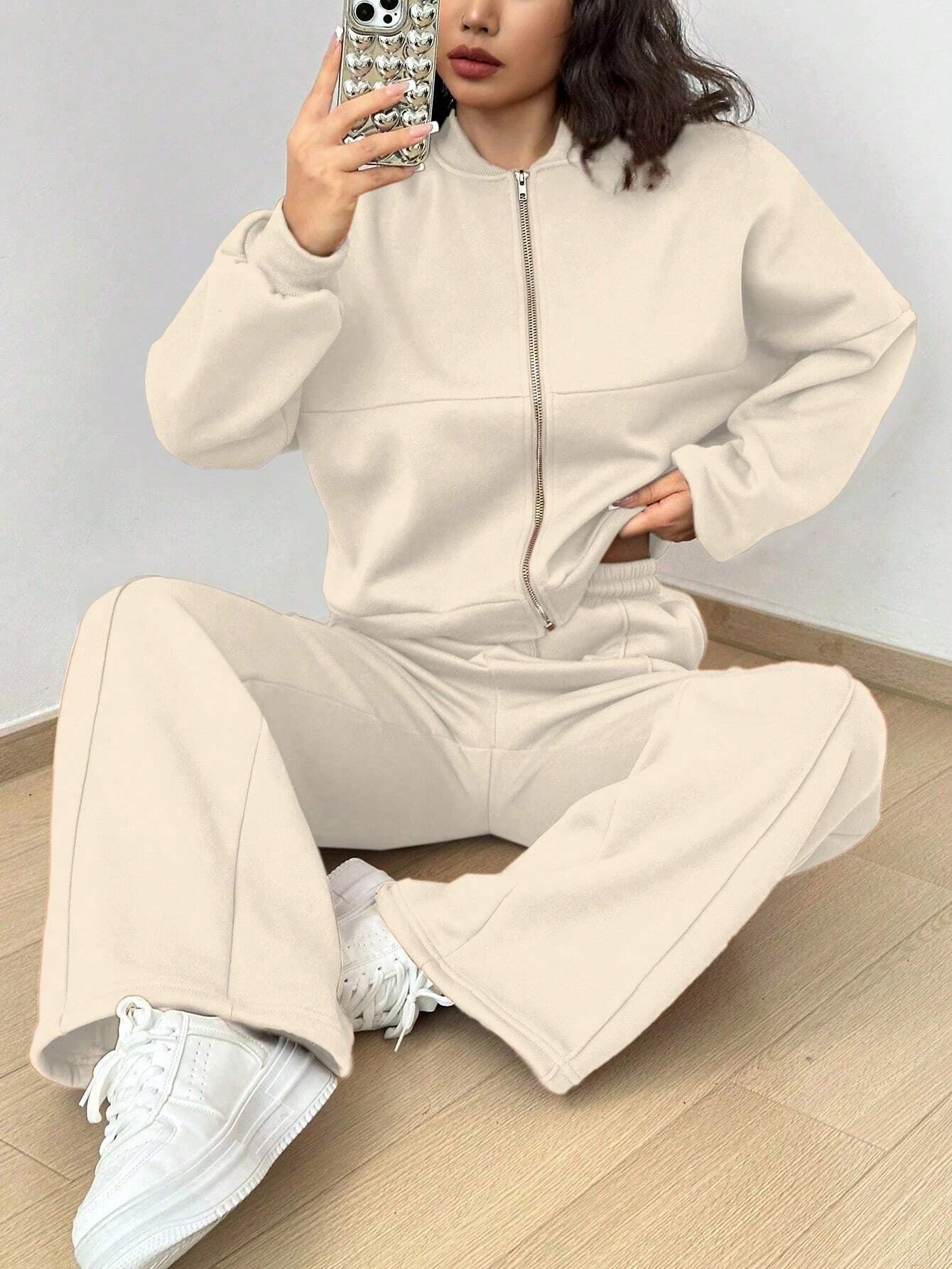 Spring autumn two-piece trendy solid color zipper long sleeve loose top elastic sweatpants two-piece set 21