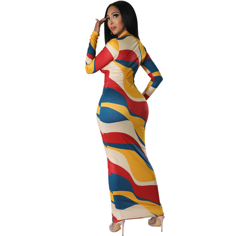 Women Long Sleeve Printed Bodycon Maxi Dress