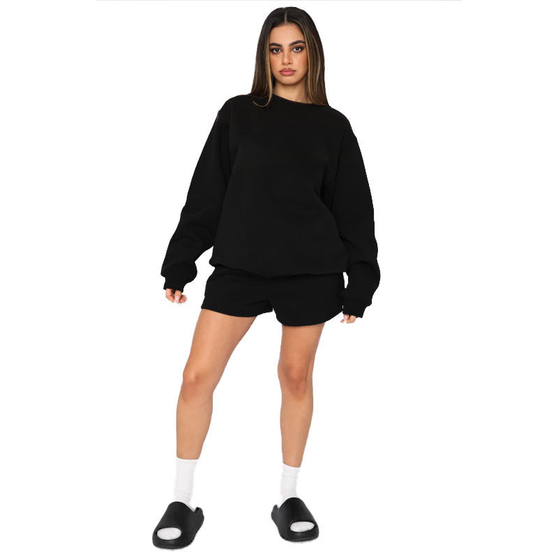 Fall Winter Solid Color Round Neck Pullover Long Sleeve Hoodies Women's Fashion Casual Shorts Two Piece Set 13
