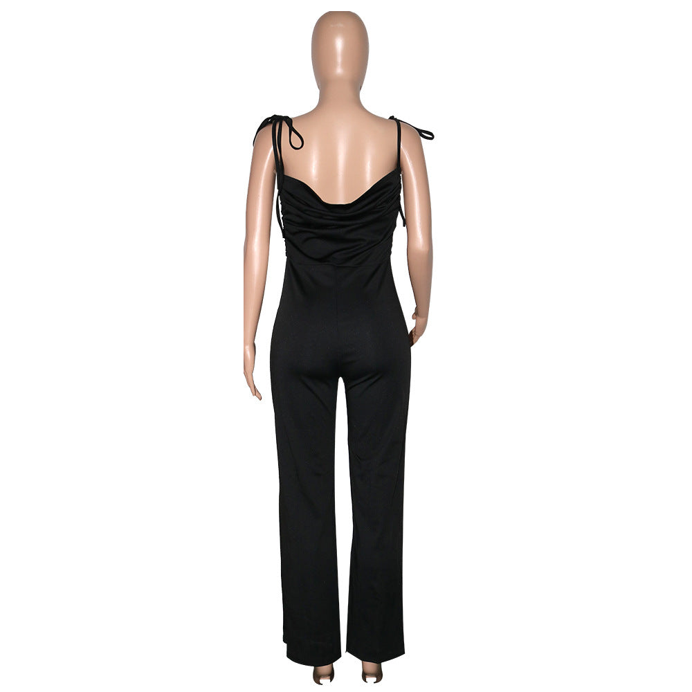 Women Solid Straps Lace-Up Wide Leg Jumpsuit 11