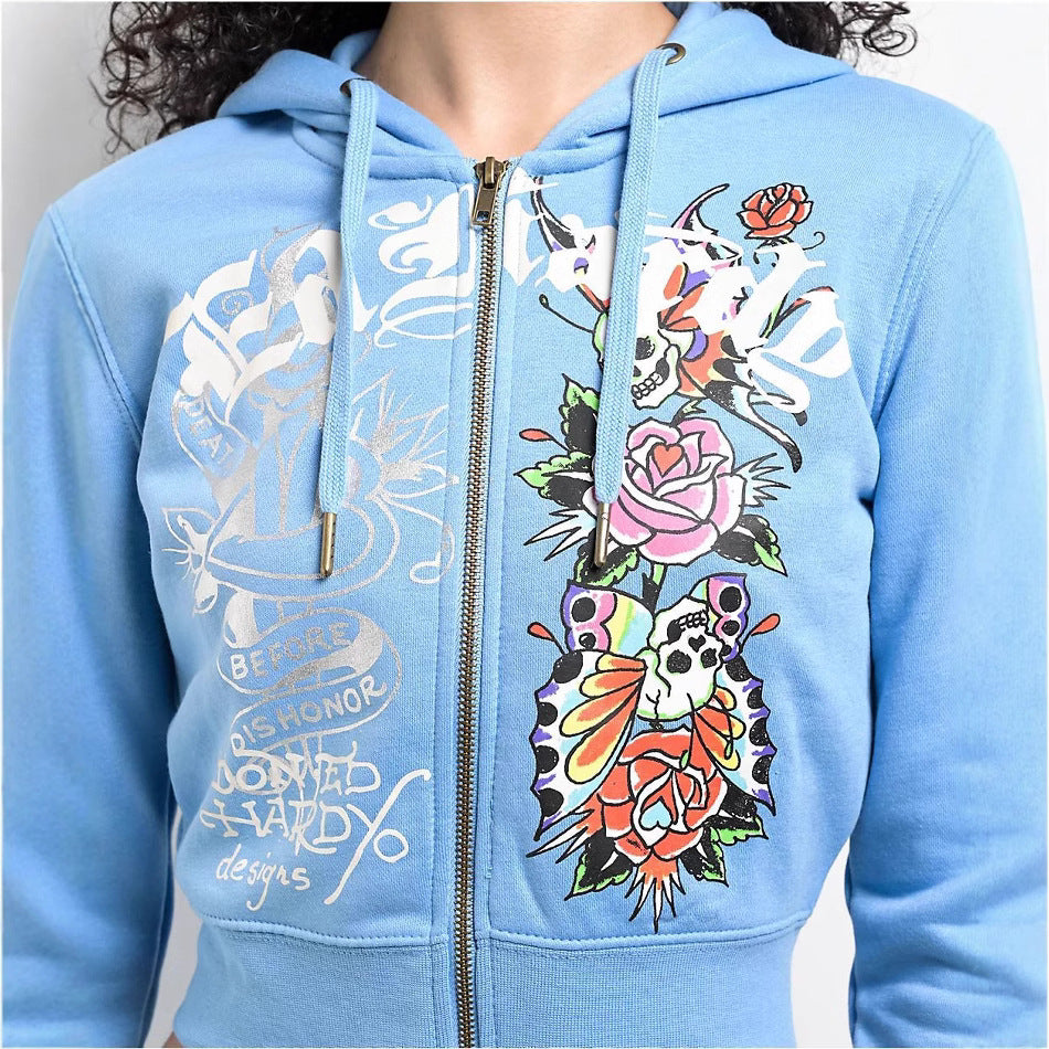 Women Street Casual Print Zipper Hooded Top and Pants Two-Piece Set 4