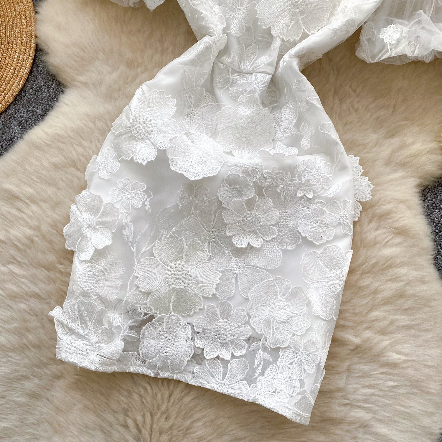 Women's  Luxury Embroidery Mesh Puff Sleeve Slim Waist Short Chic Dress 14