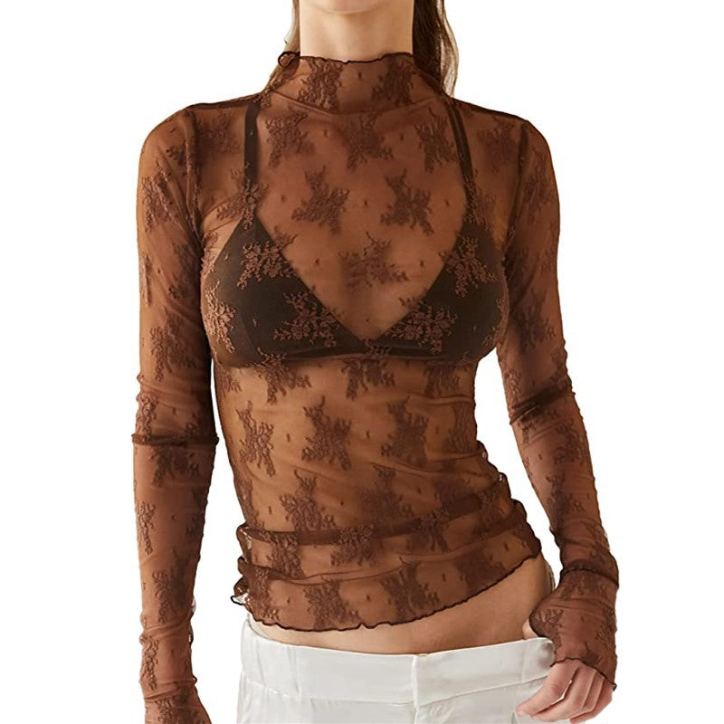 Women mesh long-sleeved floral embroidery See-Through Basic Top 6